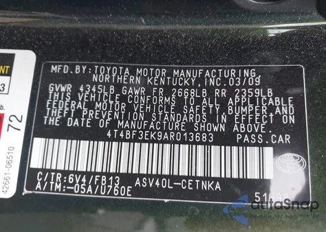 2010 Toyota Camry Le z USA, uszkodzony, nr VIN 4T4BF3EK9AR013683